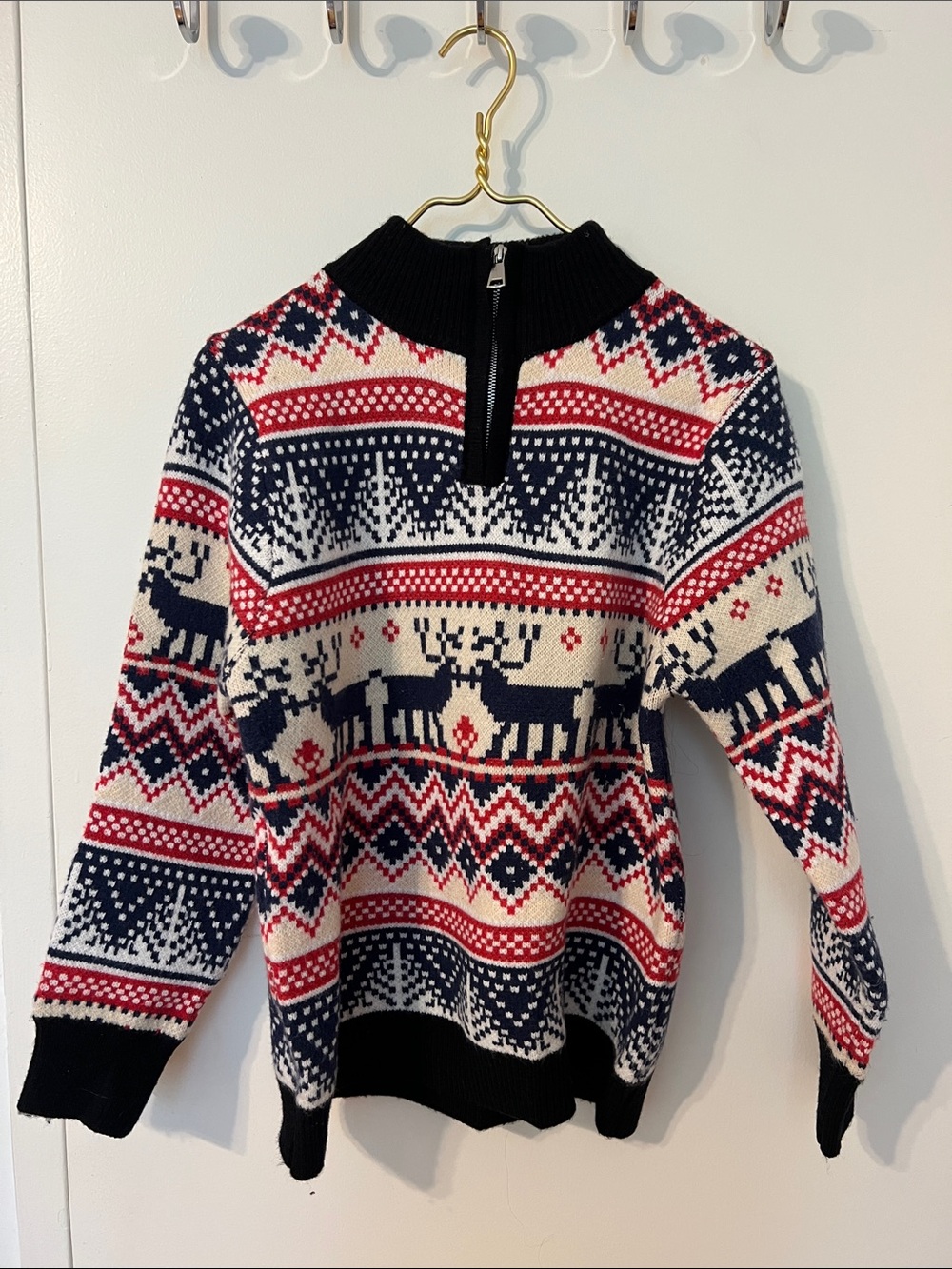 Nordic Zip-Neck Fair Isle Sweater - Red, Navy & Cream